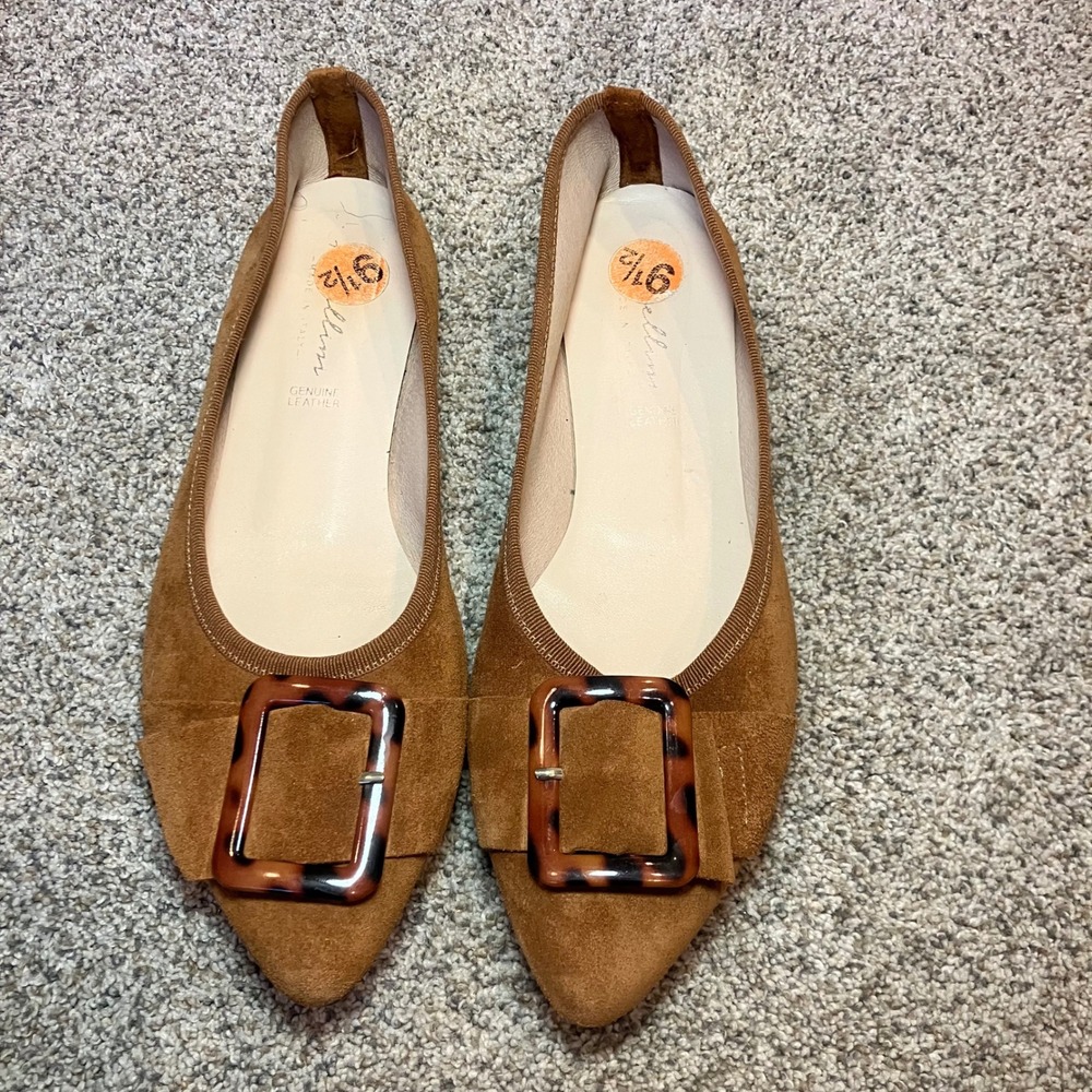 Avellini Brown Suede Pointed Toe Flats Tortoise Shell Buckle 9.5 EU 41